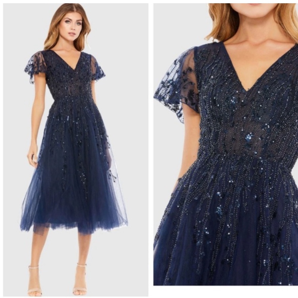 NEW MAC DUGGAL Embellished Flutter Sleeve Tea-Length Dress Midnight Navy 20304